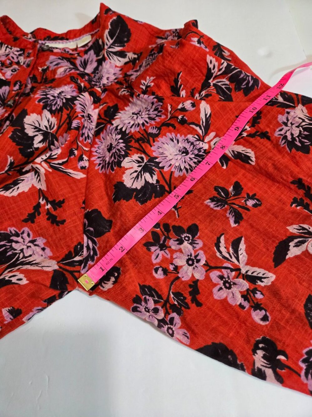 Maeve Anthropologie Red Orange Floral Pintucked Button-Down Boho blouse sz Large - Picture 13 of 14